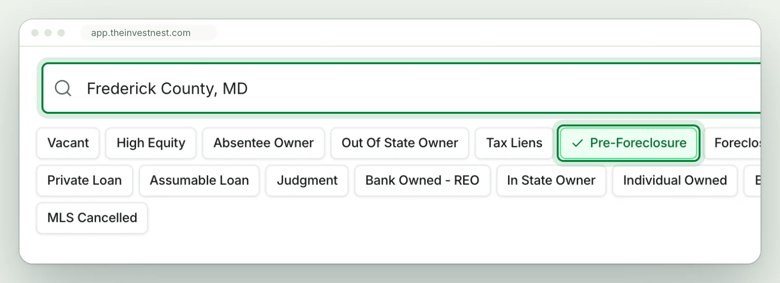 The Invest Nest property search for Frederick County, MD, with the Pre-Foreclosure chip selected in the row of Nest Leads chips