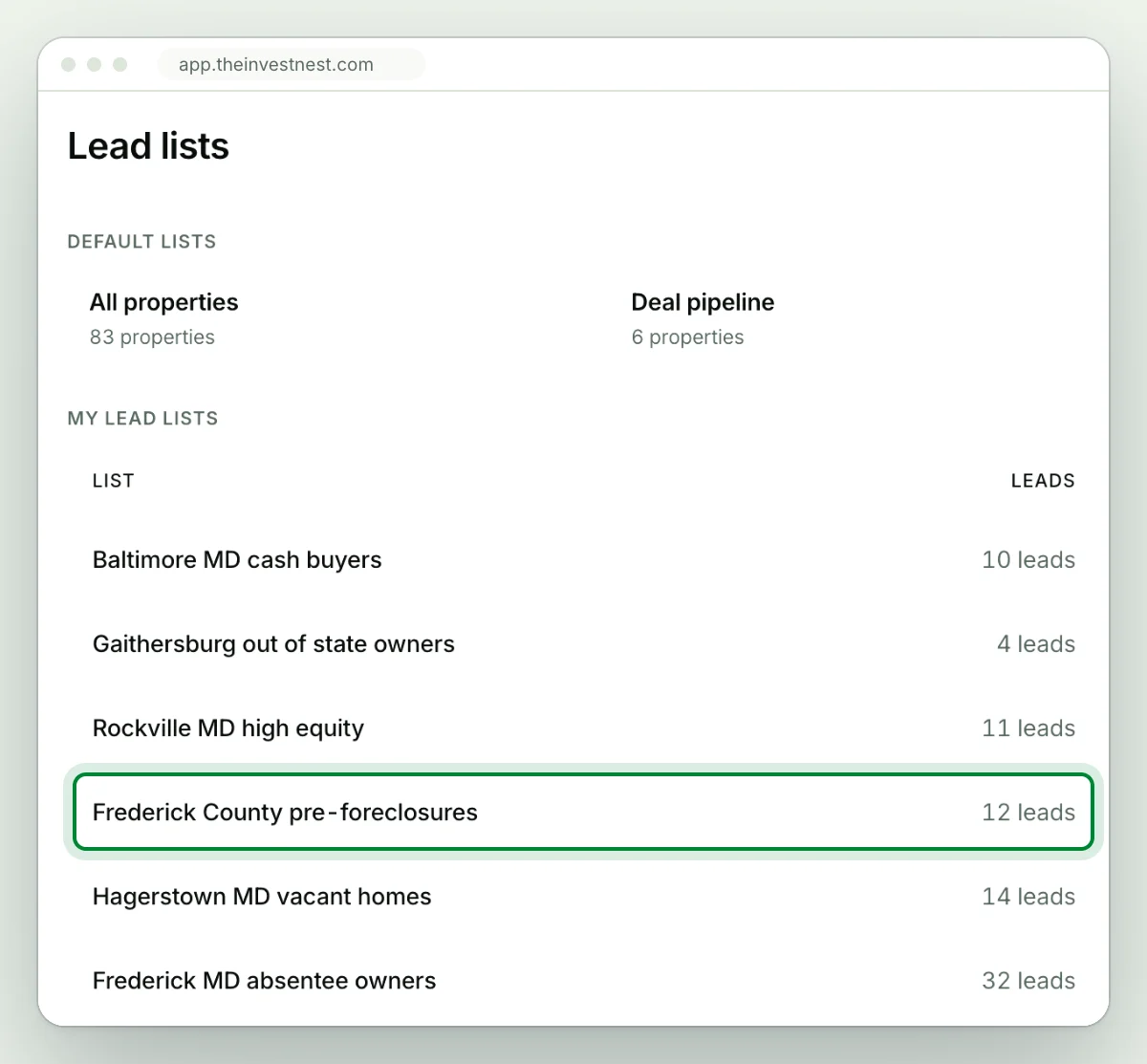 Lead lists in The Invest Nest, with a 12 lead list of county pre-foreclosures beside the investor's other lists