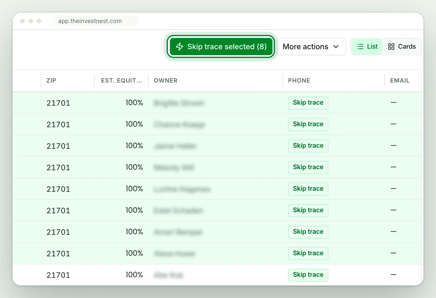 A lead list with eight owners selected and the Skip trace selected button ready to run
