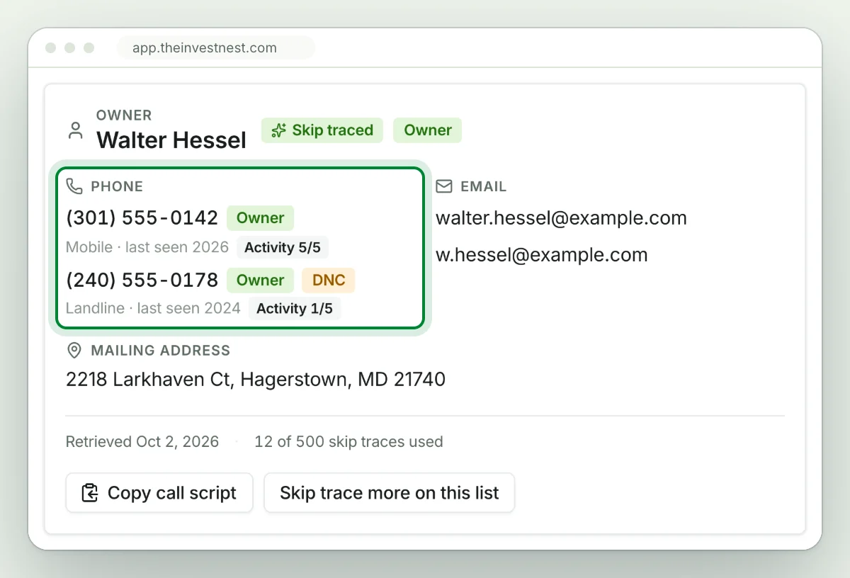 An owner after a skip trace: two phone numbers, each labeled and scored, two emails, and a mailing address