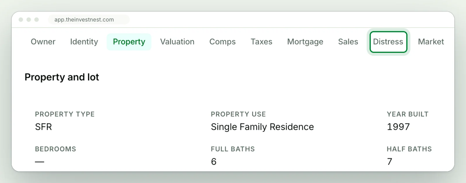 A property record with its sections listed across the top, Distress outlined