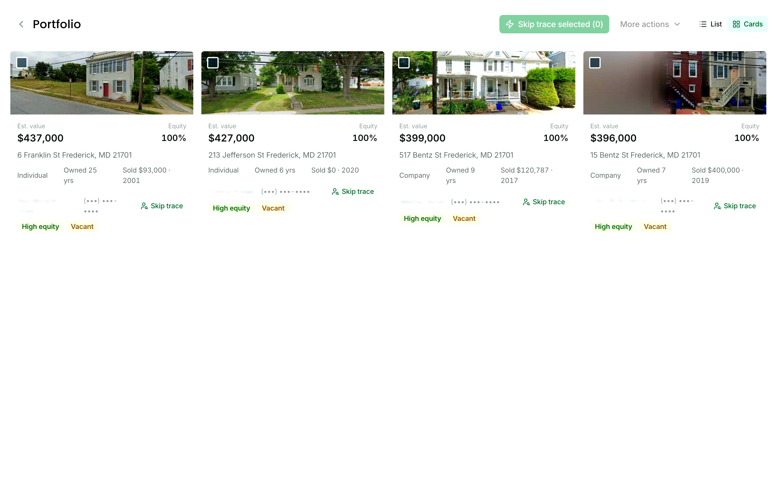 The portfolio in card view: closed deals as property cards with the photo, estimated value, address, and a High equity badge on each