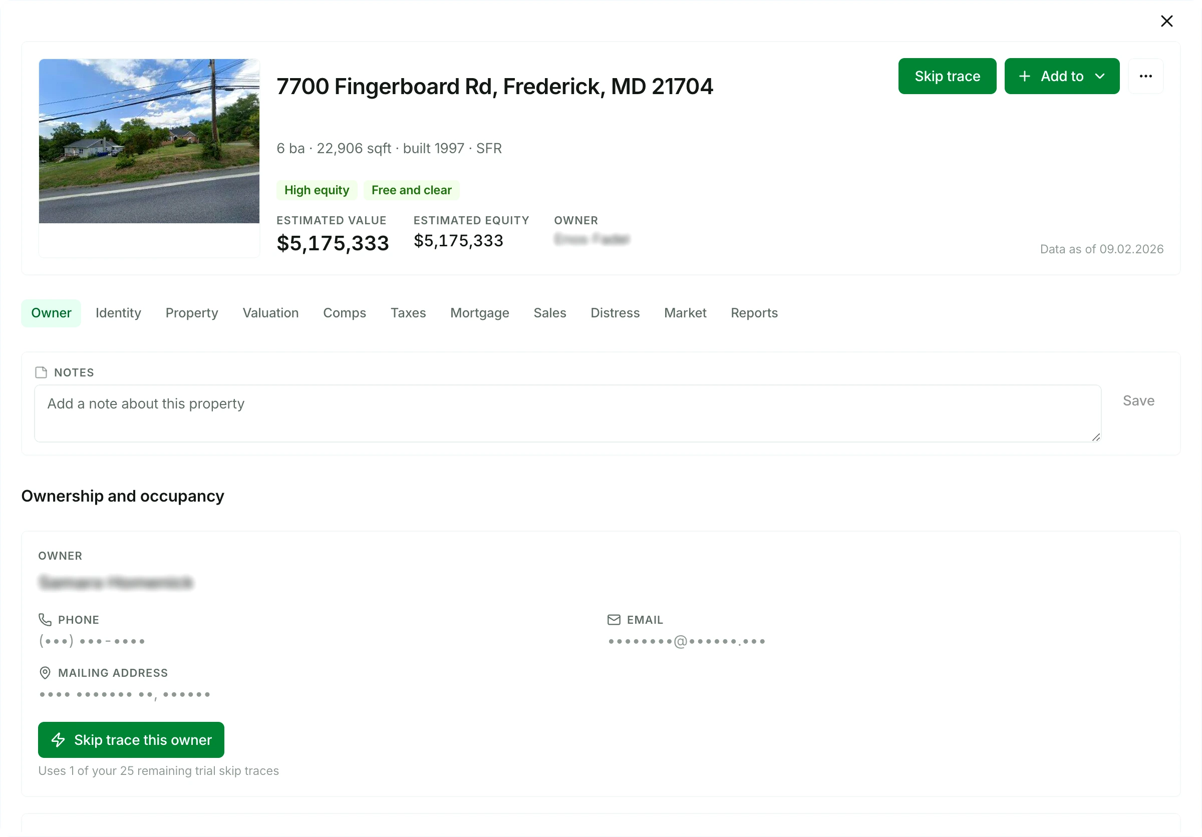 A property record open in The Invest Nest with its Skip trace and Add to buttons, the row of its section names, and the notes box with its Save button