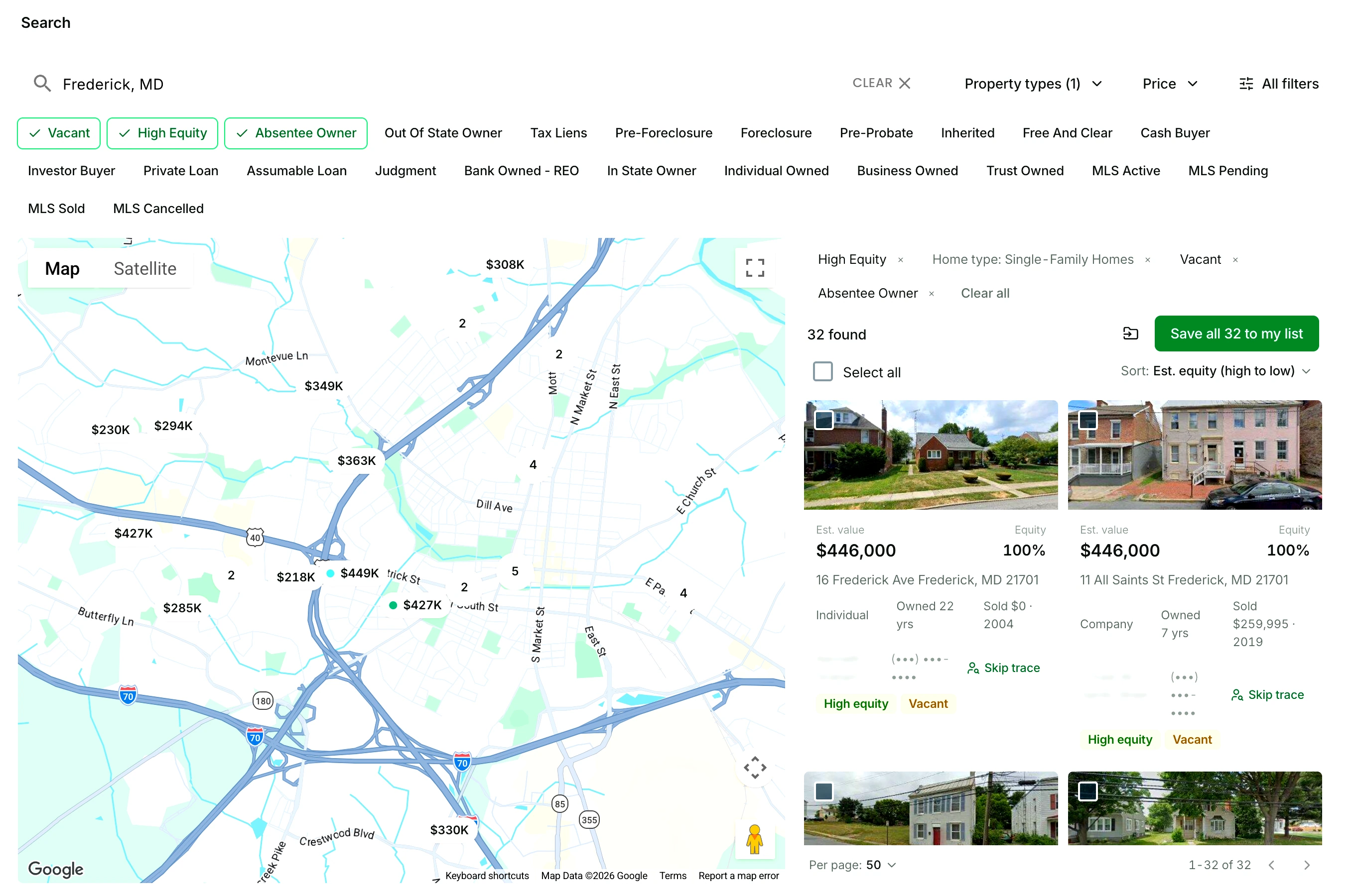 The Nest Leads chip row on a Frederick, Maryland search: Vacant, High Equity and Absentee Owner switched on, the rest of the row off, and 32 found in the results header