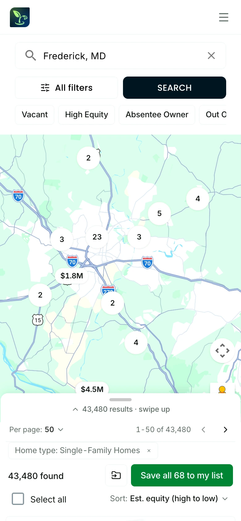 The Invest Nest property search open in a phone browser: Frederick, MD in the search bar, the All filters and Search buttons, the row of Nest Leads chips, the matching properties clustered on the map, and the result count on the sheet beneath