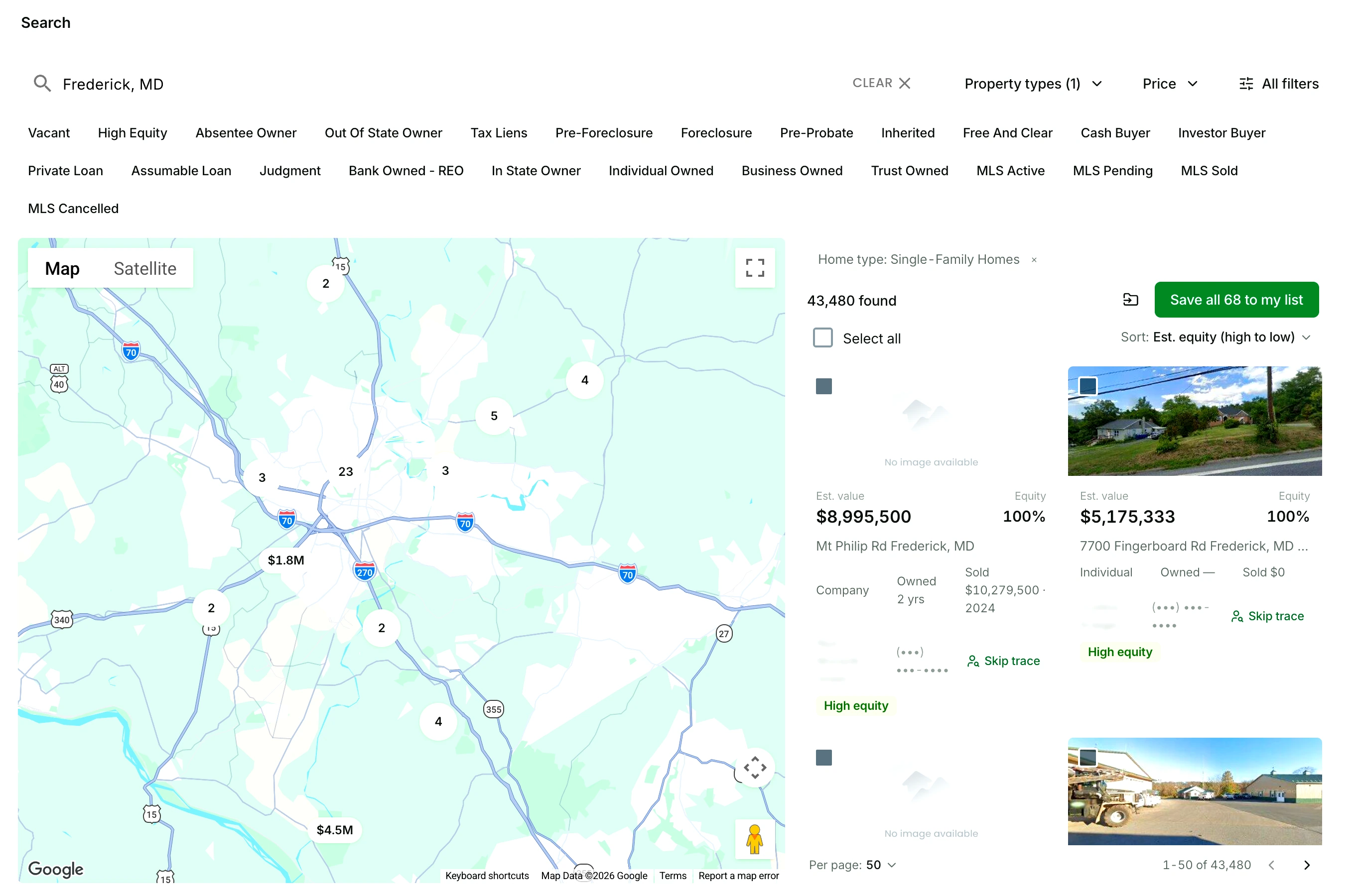 The Invest Nest property search for Frederick, Maryland with no Nest Leads switched on: the search bar, the row of Nest Leads chips, price pins on the map, and the result count of 43,480 found beside the first result cards